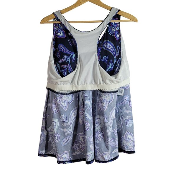 Lands' End Tankini Swim Top Blue SZ 24W Racerback Shelf Bra Paisley Flutter Hem - Picture 7 of 8